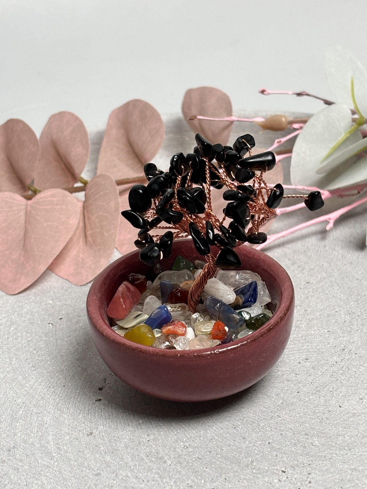 Obsidian Geldbaum im Keramiktopf 7,3 cm Kristallbaum Edelsteinbaum Feng Shui Deko mit Obsidian