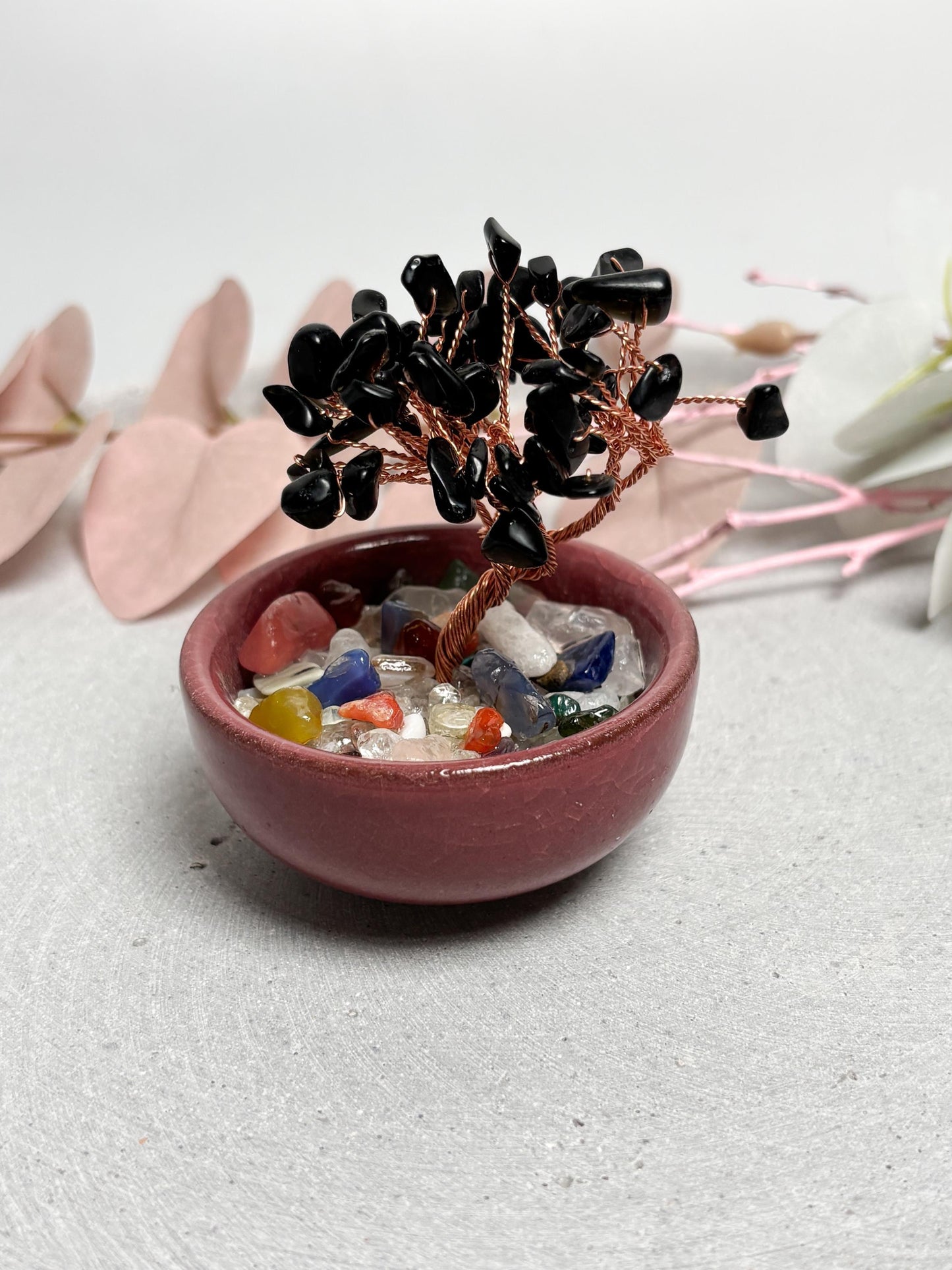 Obsidian Geldbaum im Keramiktopf 7,3 cm Kristallbaum Edelsteinbaum Feng Shui Deko mit Obsidian