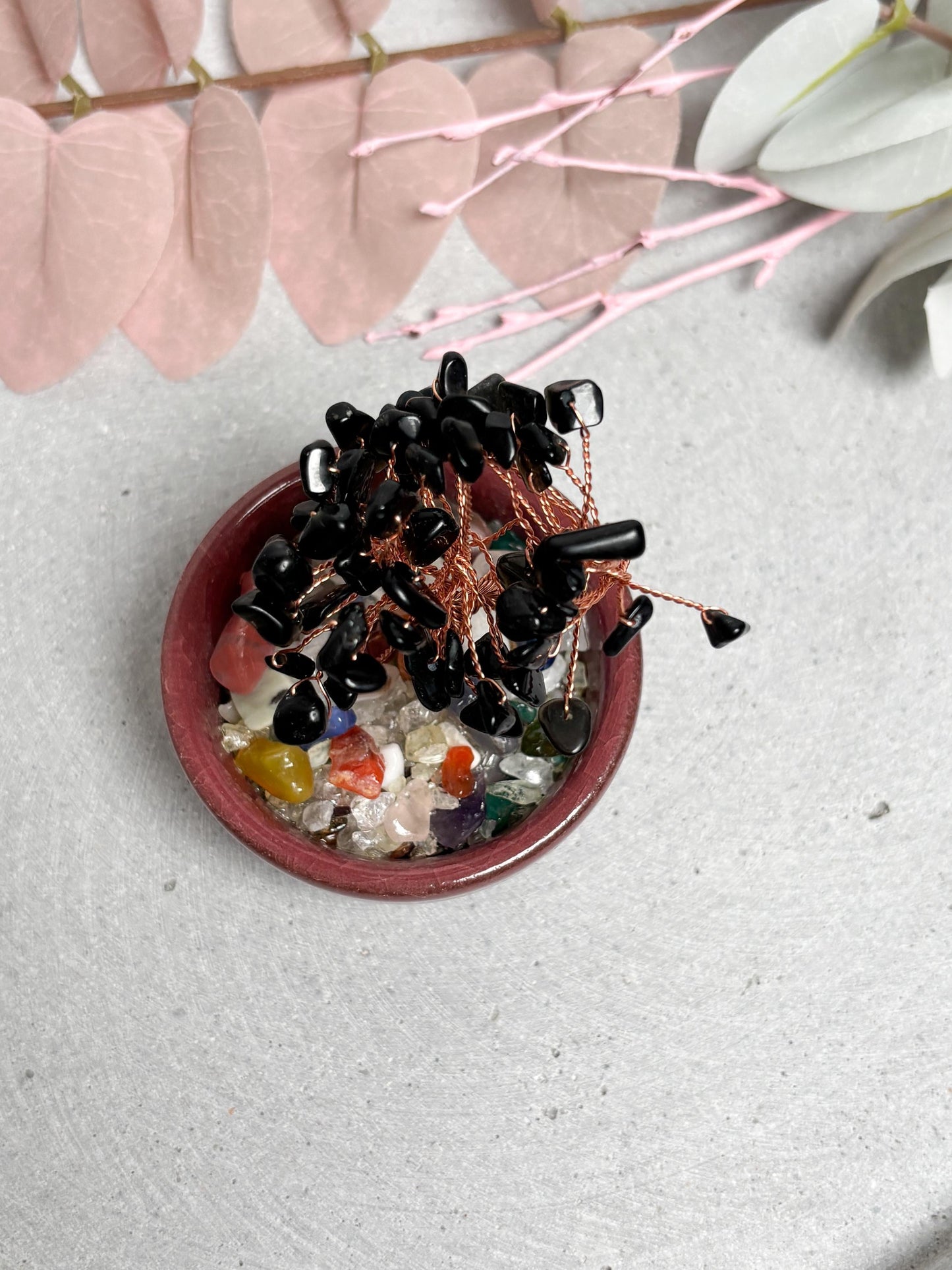 Obsidian Geldbaum im Keramiktopf 7,3 cm Kristallbaum Edelsteinbaum Feng Shui Deko mit Obsidian