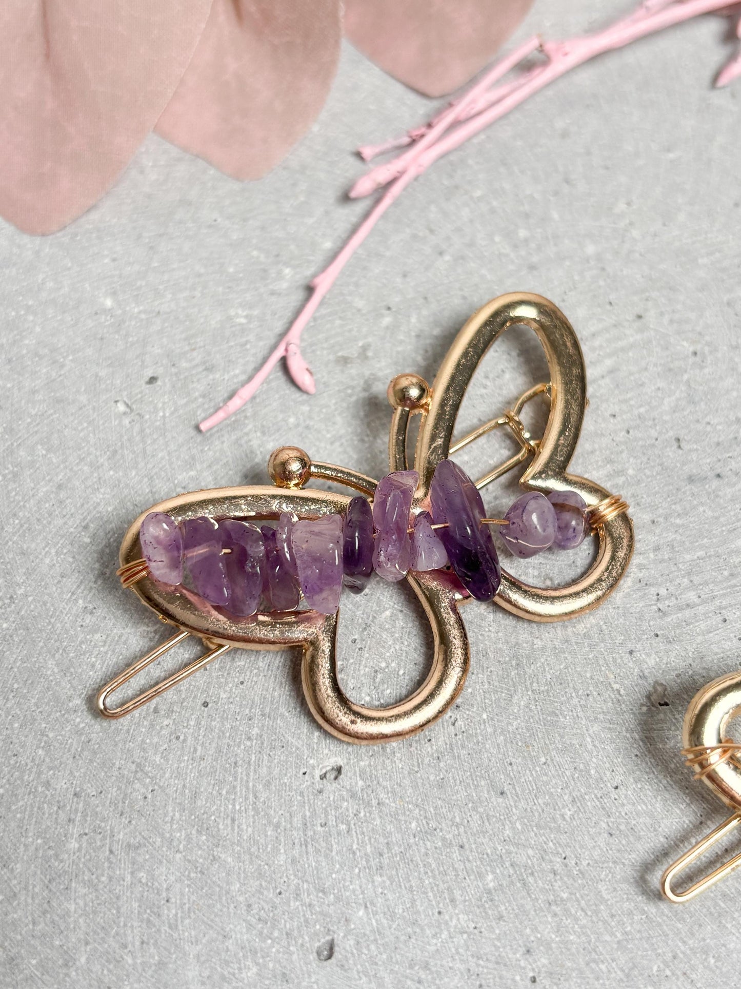 Schmetterling Haarspange goldfarben mit Amethyst oder Bergkristall Kristallsplitter Haarclip ca. 5 x 3 cm