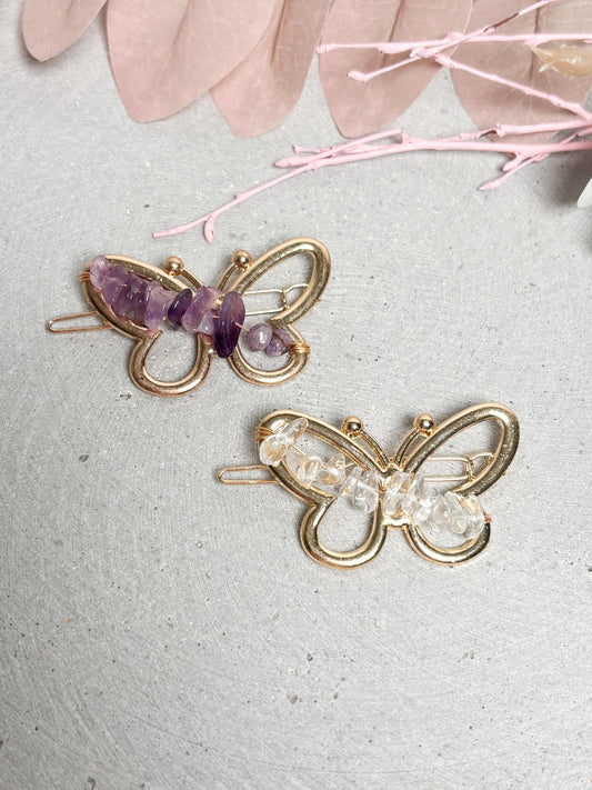 Schmetterling Haarspange goldfarben mit Amethyst oder Bergkristall Kristallsplitter Haarclip ca. 5 x 3 cm