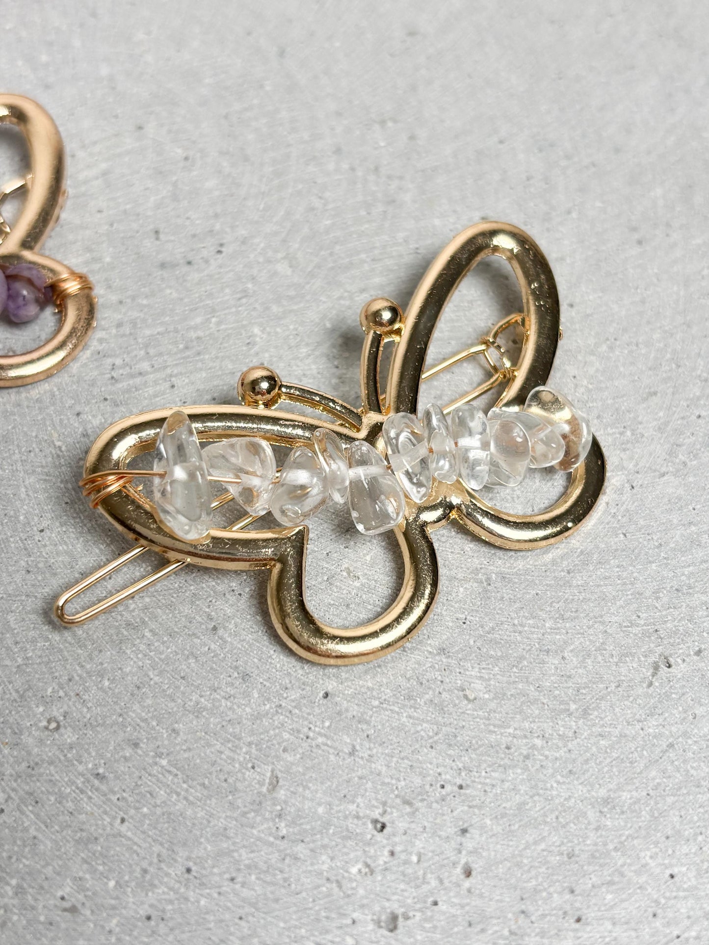 Schmetterling Haarspange goldfarben mit Amethyst oder Bergkristall Kristallsplitter Haarclip ca. 5 x 3 cm