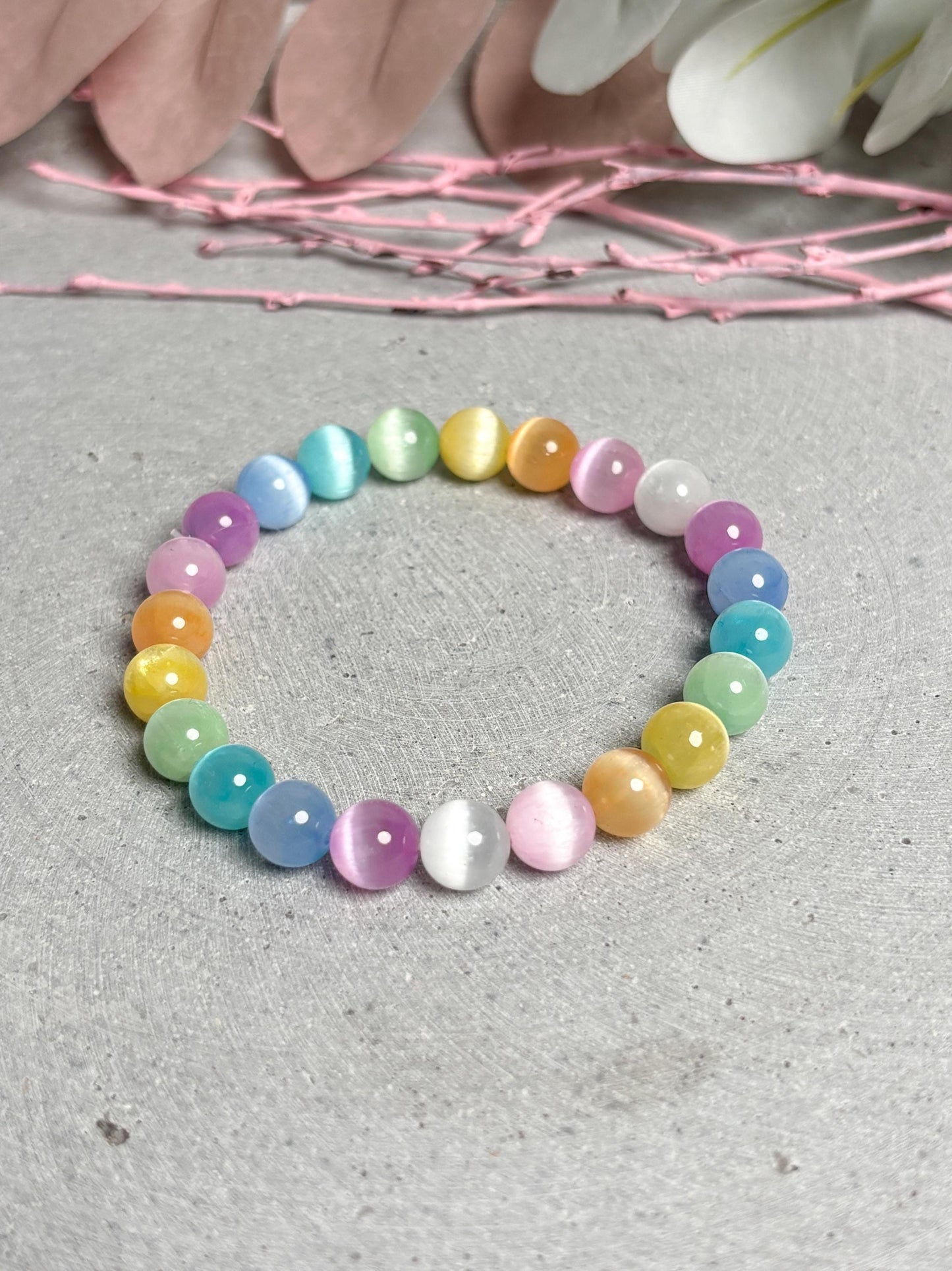 Selenit Armband 17,5 cm gefärbt Blau Rosa Regenbogen 8,5 mm Edelstein Armband Perlenarmband Unikat