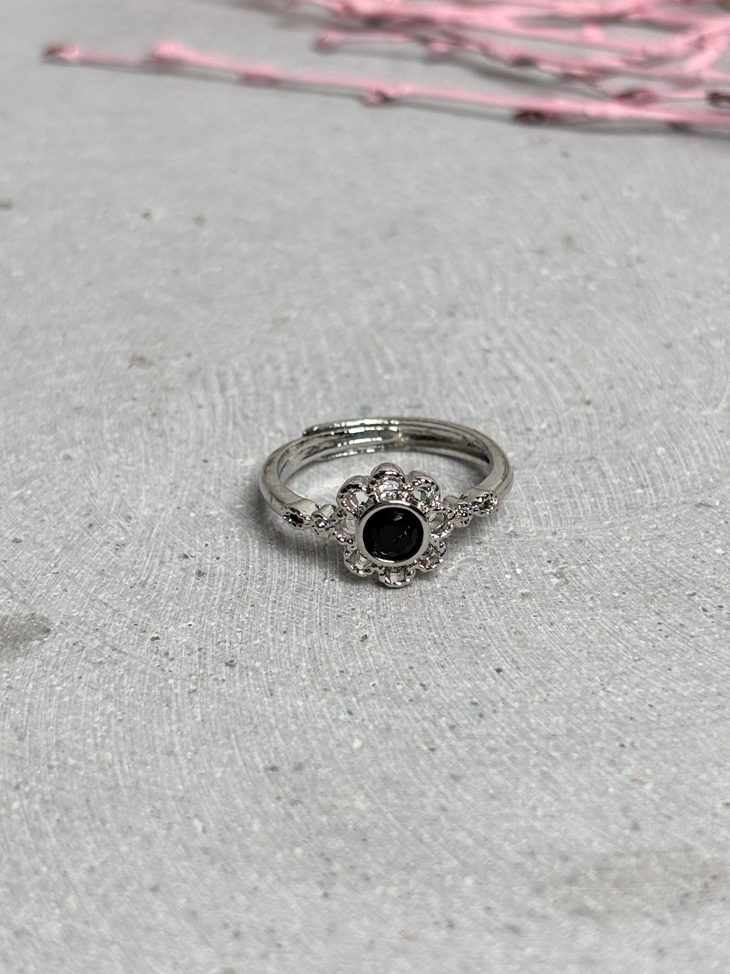 Obsidian Ring größenverstellbar silberfarben Edelstahl Blütenring Edelsteinring Damen