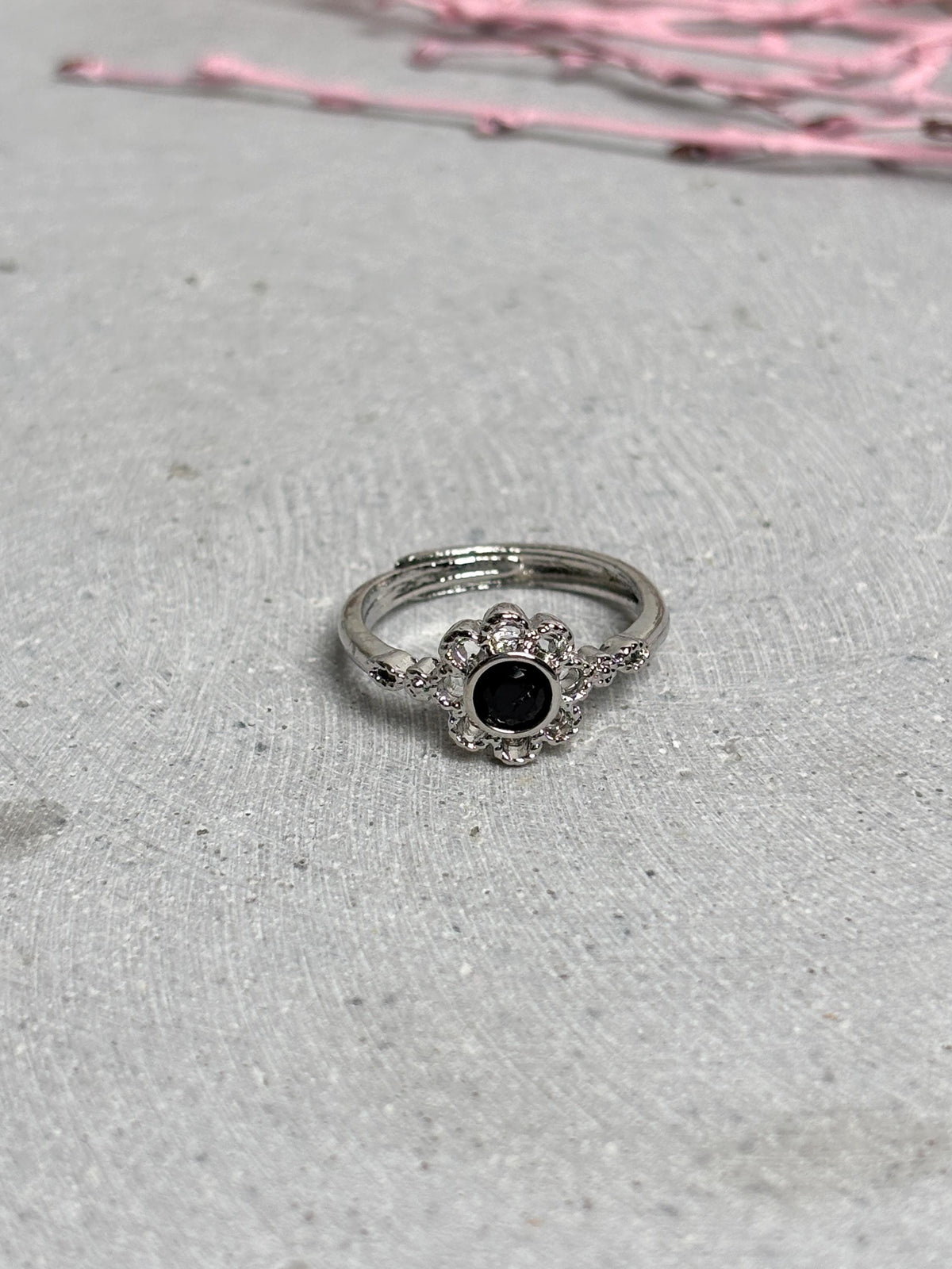 Obsidian Ring größenverstellbar silberfarben Edelstahl Blütenring Edelsteinring Damen