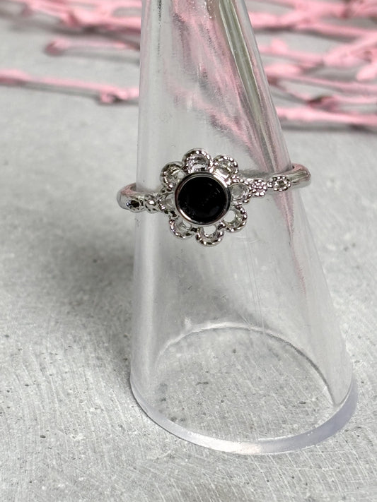 Obsidian Ring größenverstellbar silberfarben Edelstahl Blütenring Edelsteinring Damen