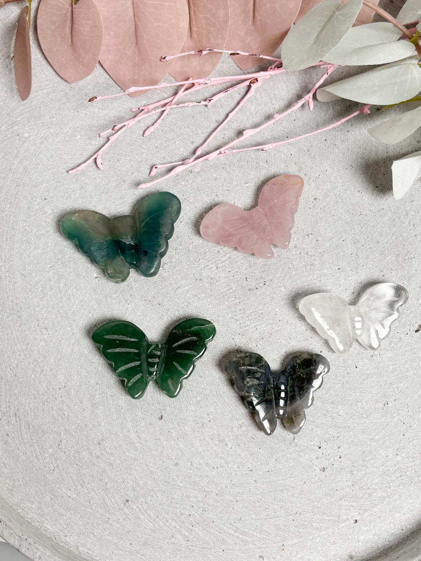 Edelstein Schmetterling ca. 4,4 cm Rosenquarz Bergkristall Fluorit Kristall Deko Geschenk Unikat