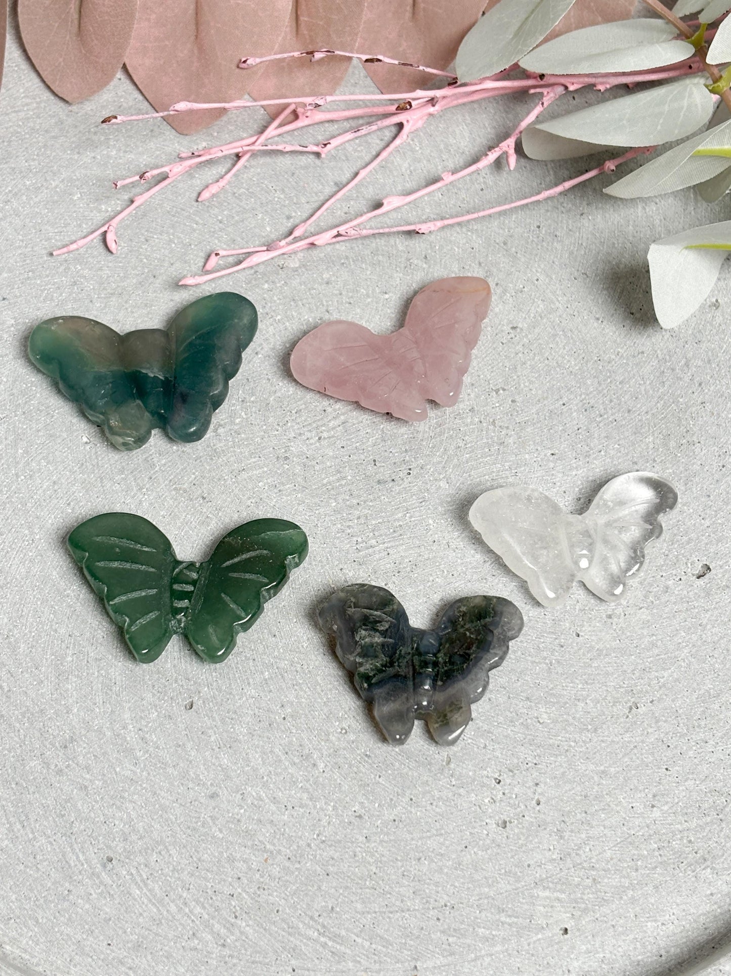 Edelstein Schmetterling ca. 4,4 cm Rosenquarz Bergkristall Fluorit Kristall Deko Geschenk Unikat
