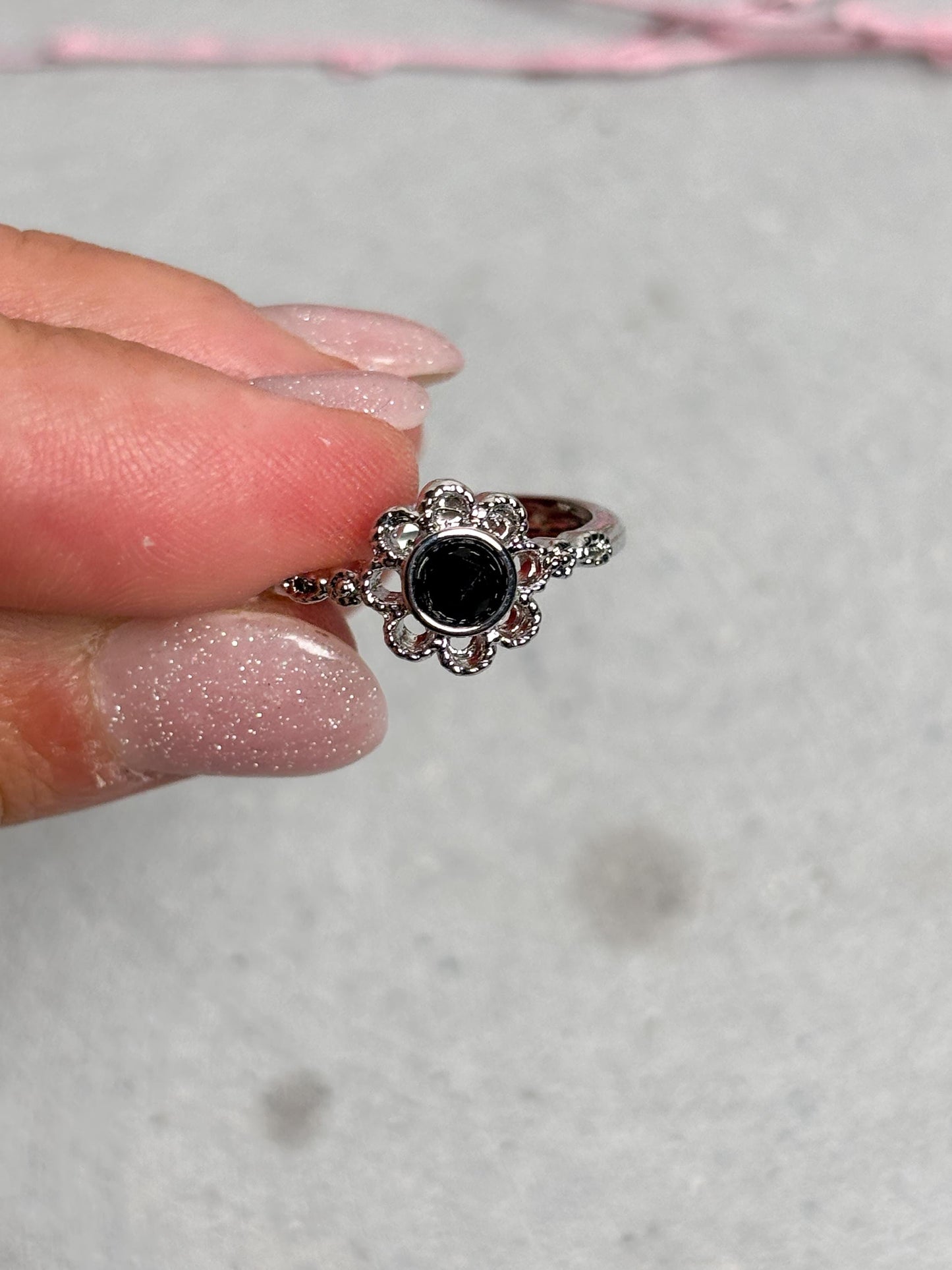 Obsidian Ring größenverstellbar silberfarben Edelstahl Blütenring Edelsteinring Damen