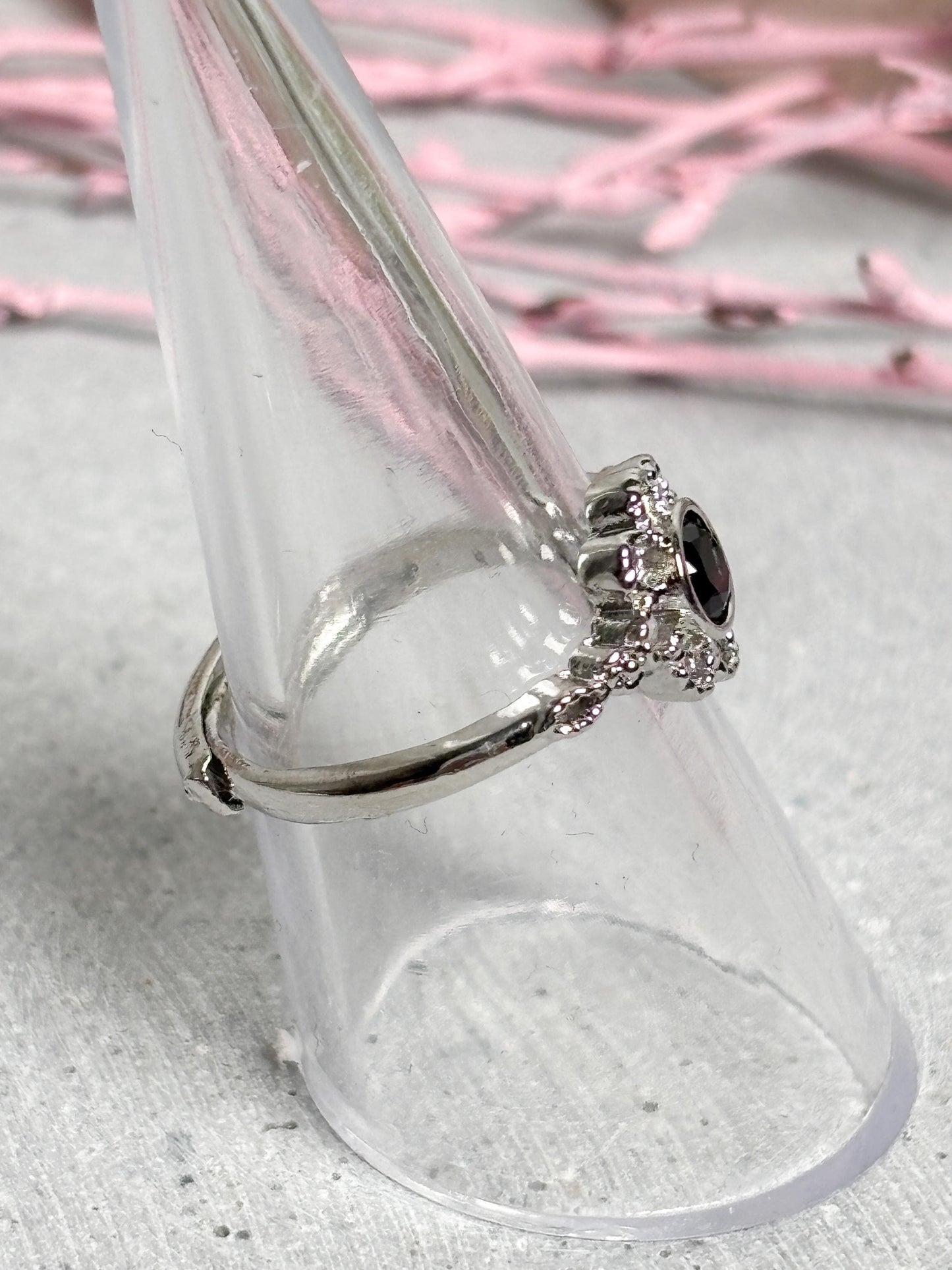 Obsidian Ring größenverstellbar silberfarben Edelstahl Blütenring Edelsteinring Damen