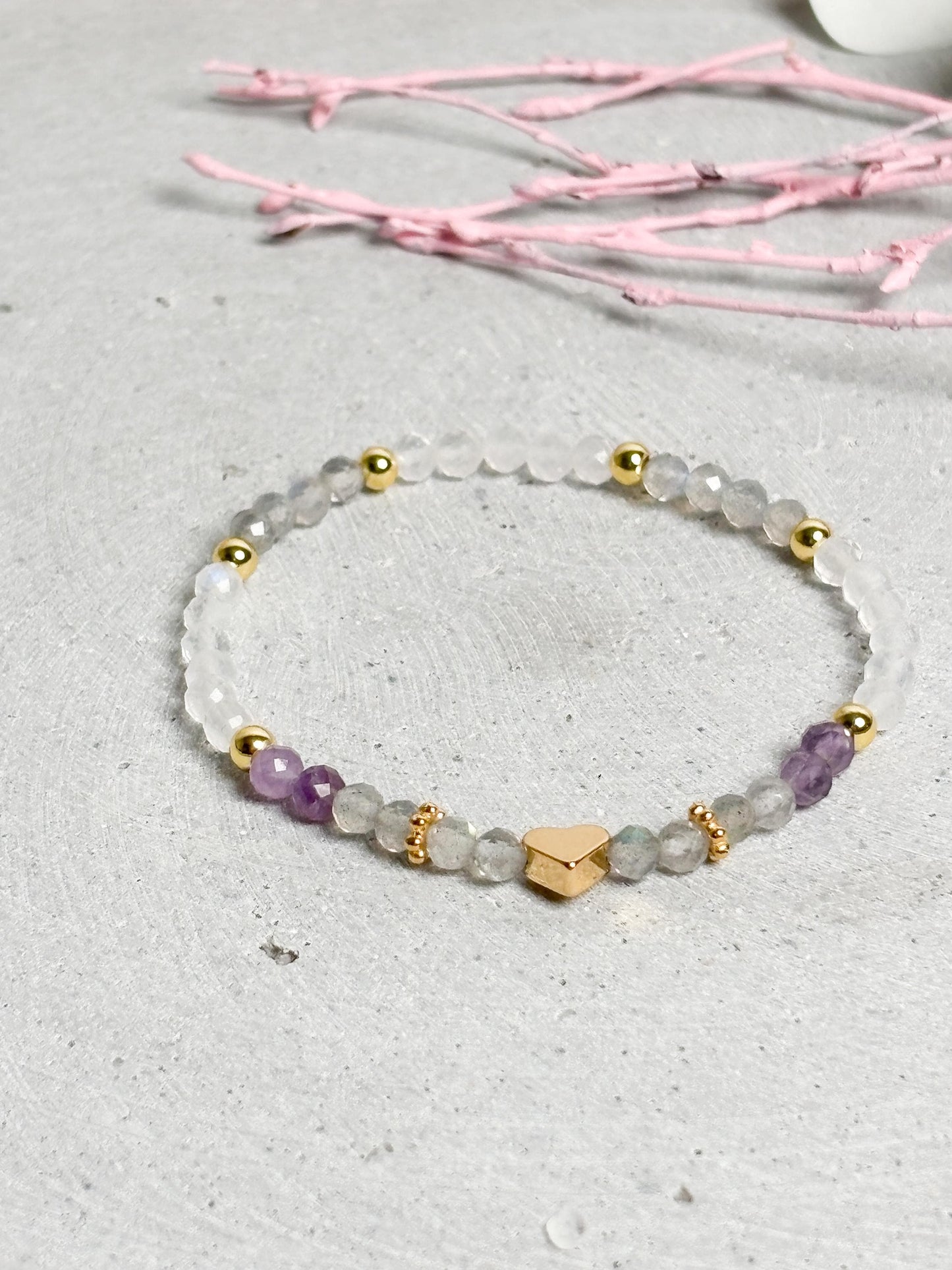 Zartes Edelstein Armband Labradorit Mondstein Amethyst 4 mm facettiert elastisch goldfarbener Edelstahl