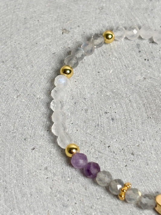 Zartes Edelstein Armband Labradorit Mondstein Amethyst 4 mm facettiert elastisch goldfarbener Edelstahl