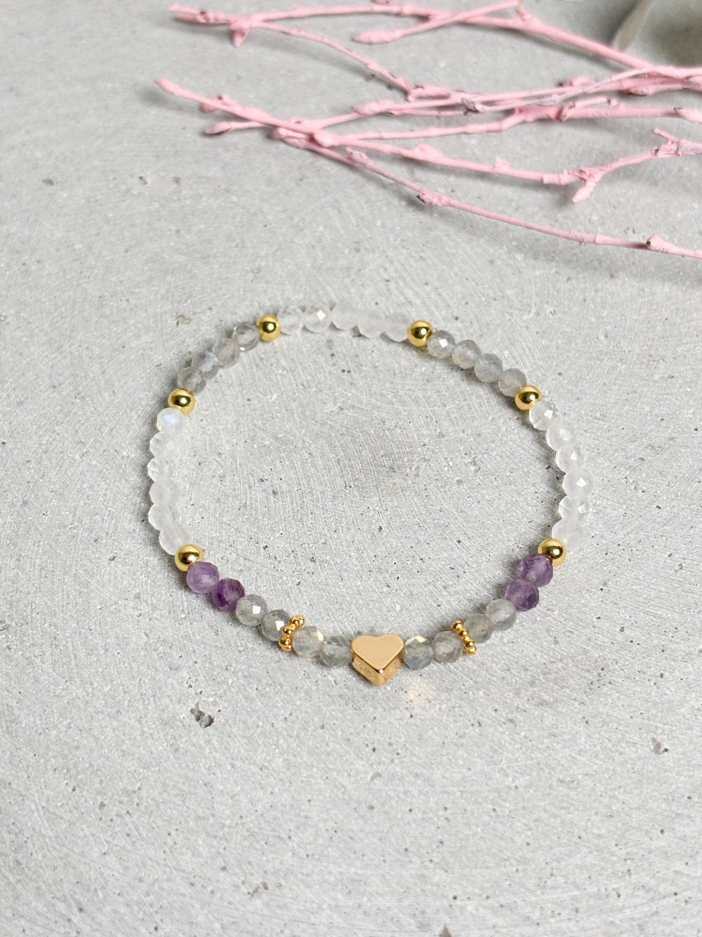 Zartes Edelstein Armband Labradorit Mondstein Amethyst 4 mm facettiert elastisch goldfarbener Edelstahl