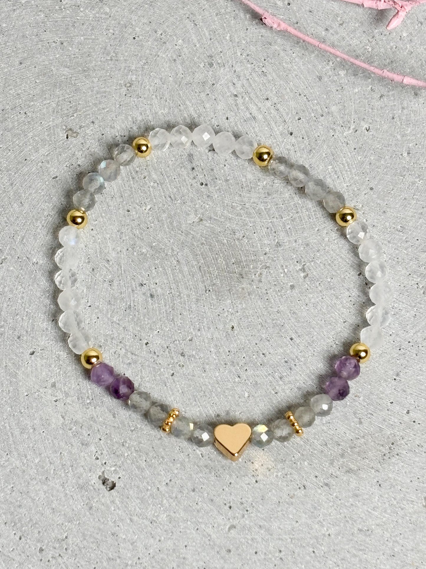 Zartes Edelstein Armband Labradorit Mondstein Amethyst 4 mm facettiert elastisch goldfarbener Edelstahl