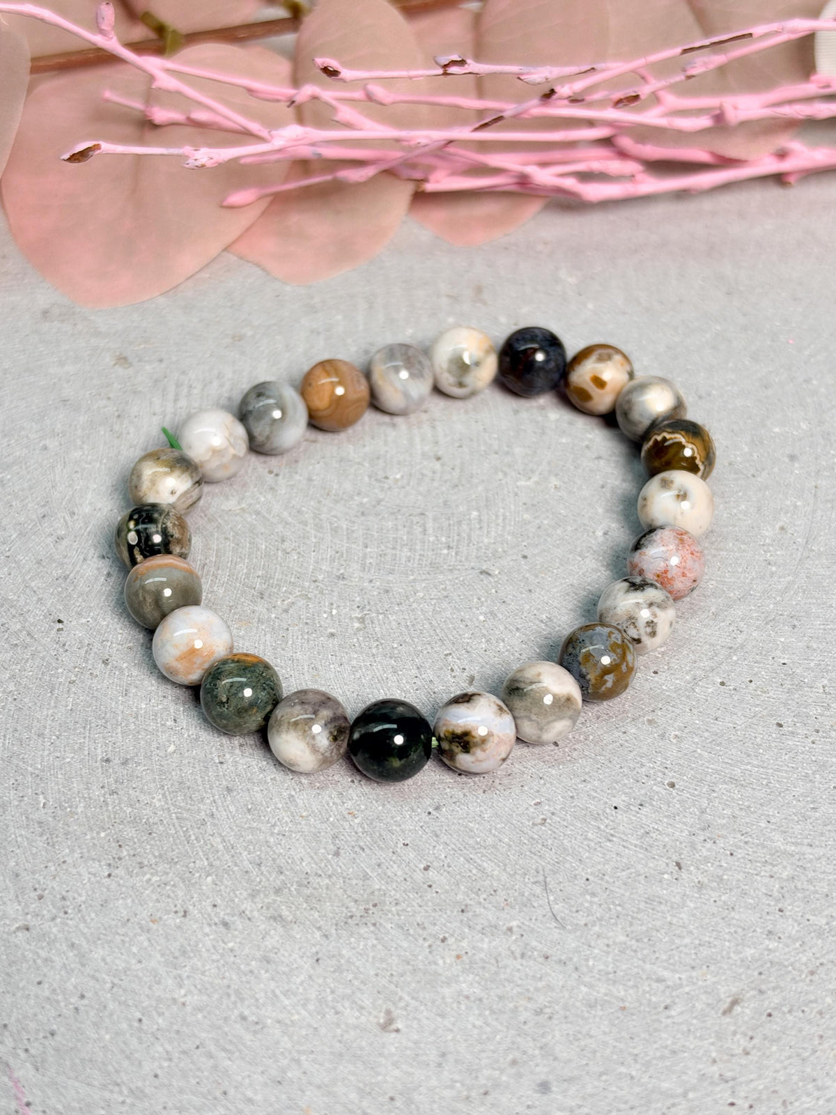 Moosachat Armband 8 mm elastisches Edelsteinarmband mit Natursteinperlen in Grün Braun Beige Kristallschmuck