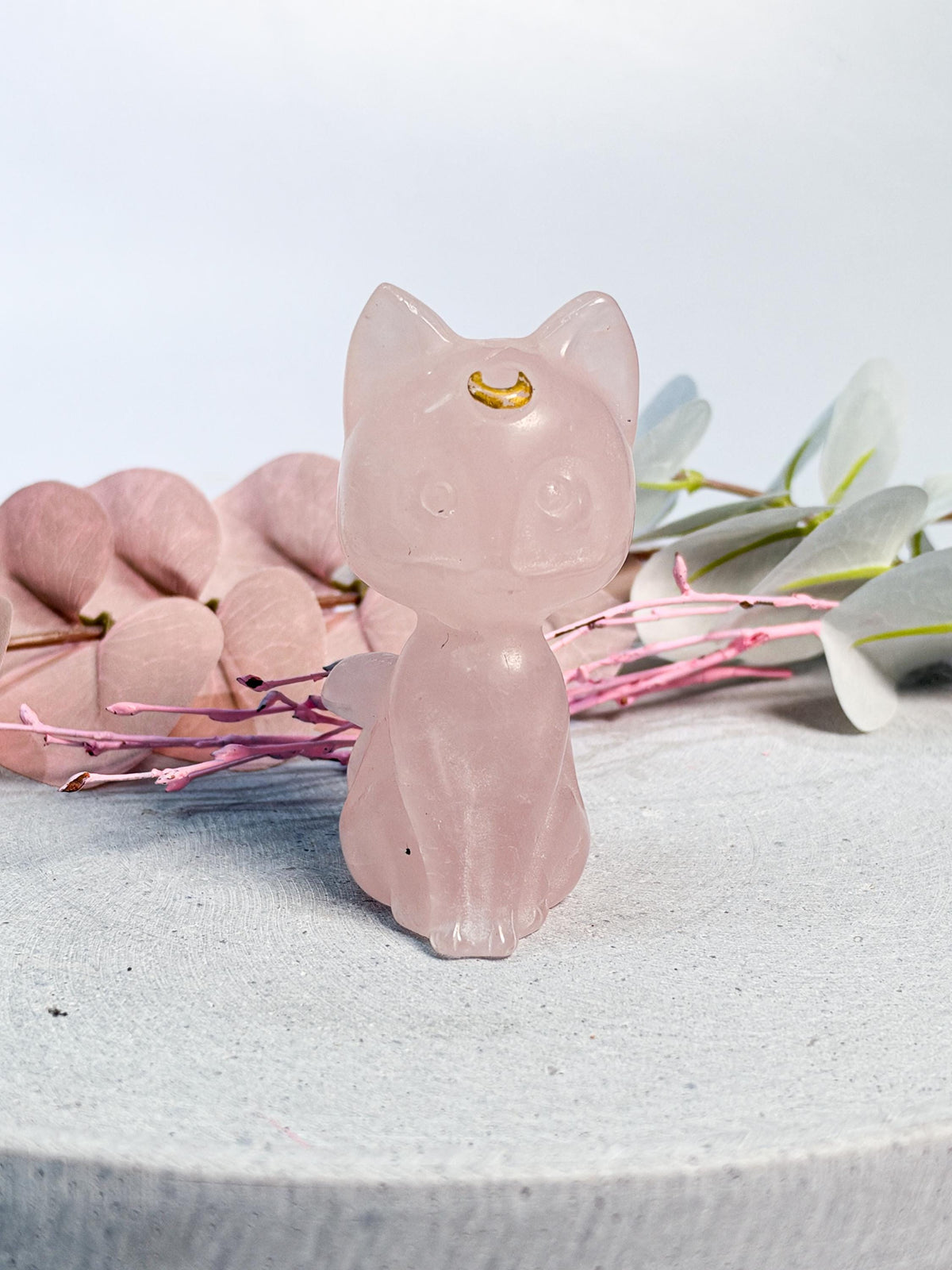 Rosenquarz Luna Katze ca. 7,7 cm Edelstein Katzenfigur rosa Kristall Katze mit Mond Katzen Deko Liebe Geschenk für Katzenliebhaber