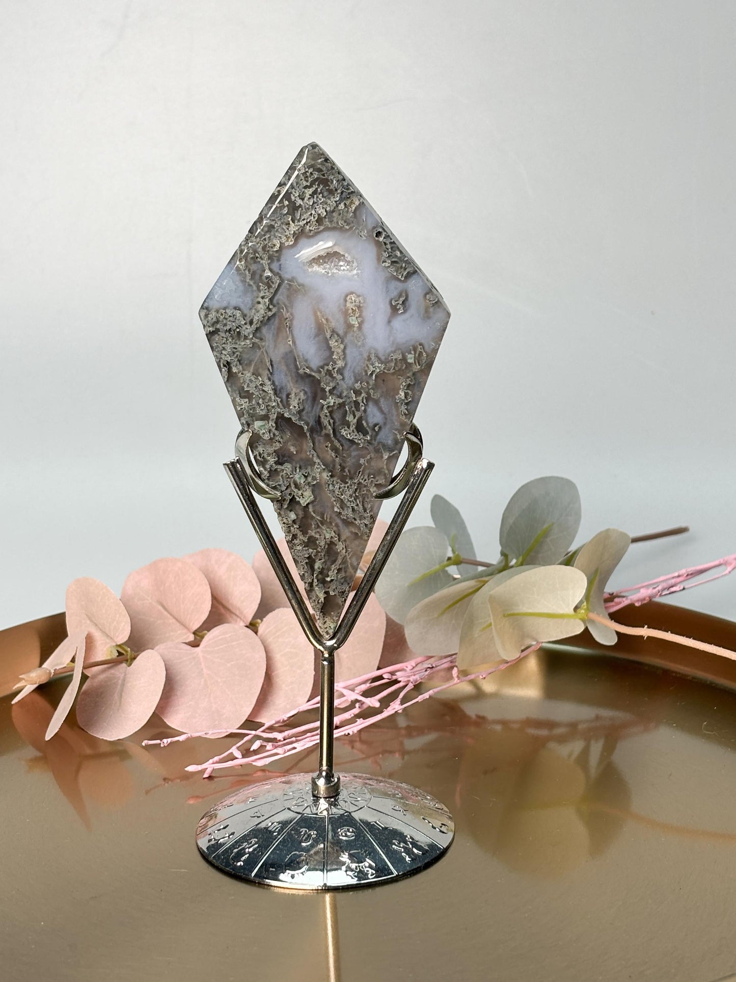 Moosachat Diamant auf Metallhalter grün Naturstein Deko