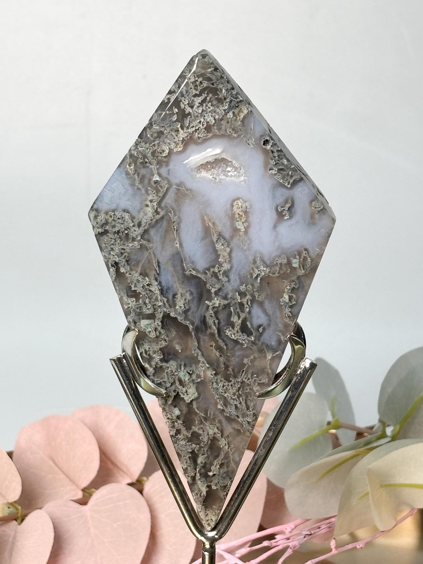 Moosachat Diamant auf Metallhalter grün Naturstein Deko