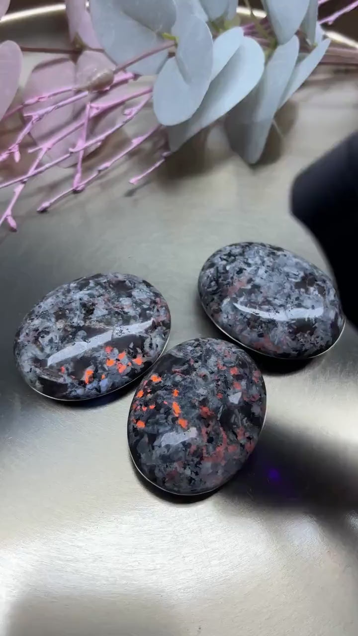 Yooperlite Handstein Palmstone fluoreszierend Naturstein poliert