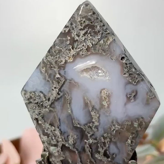 Moosachat Diamant auf Metallhalter grün Naturstein Deko
