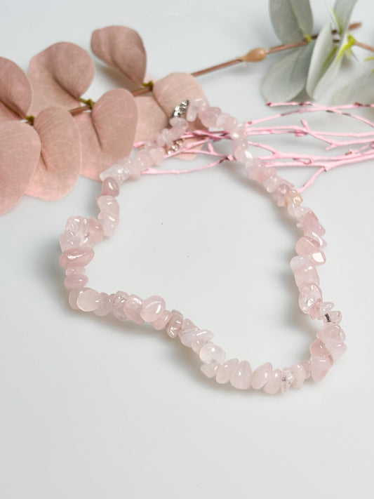 Rosenquarz Splitterkette rosa Naturstein 40 cm mit Verlängerung