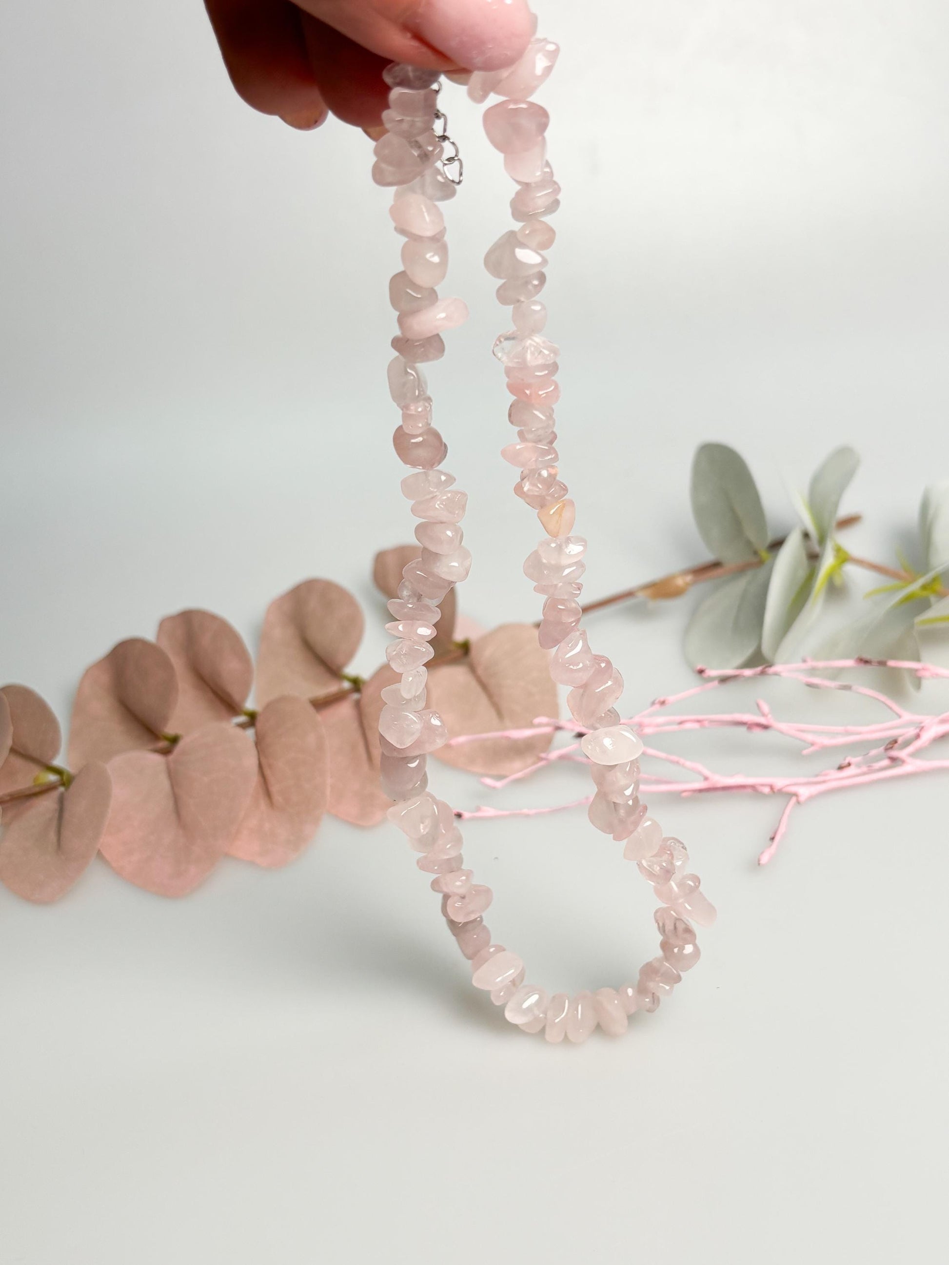 Rosenquarz Splitterkette rosa Naturstein 40 cm mit Verlängerung